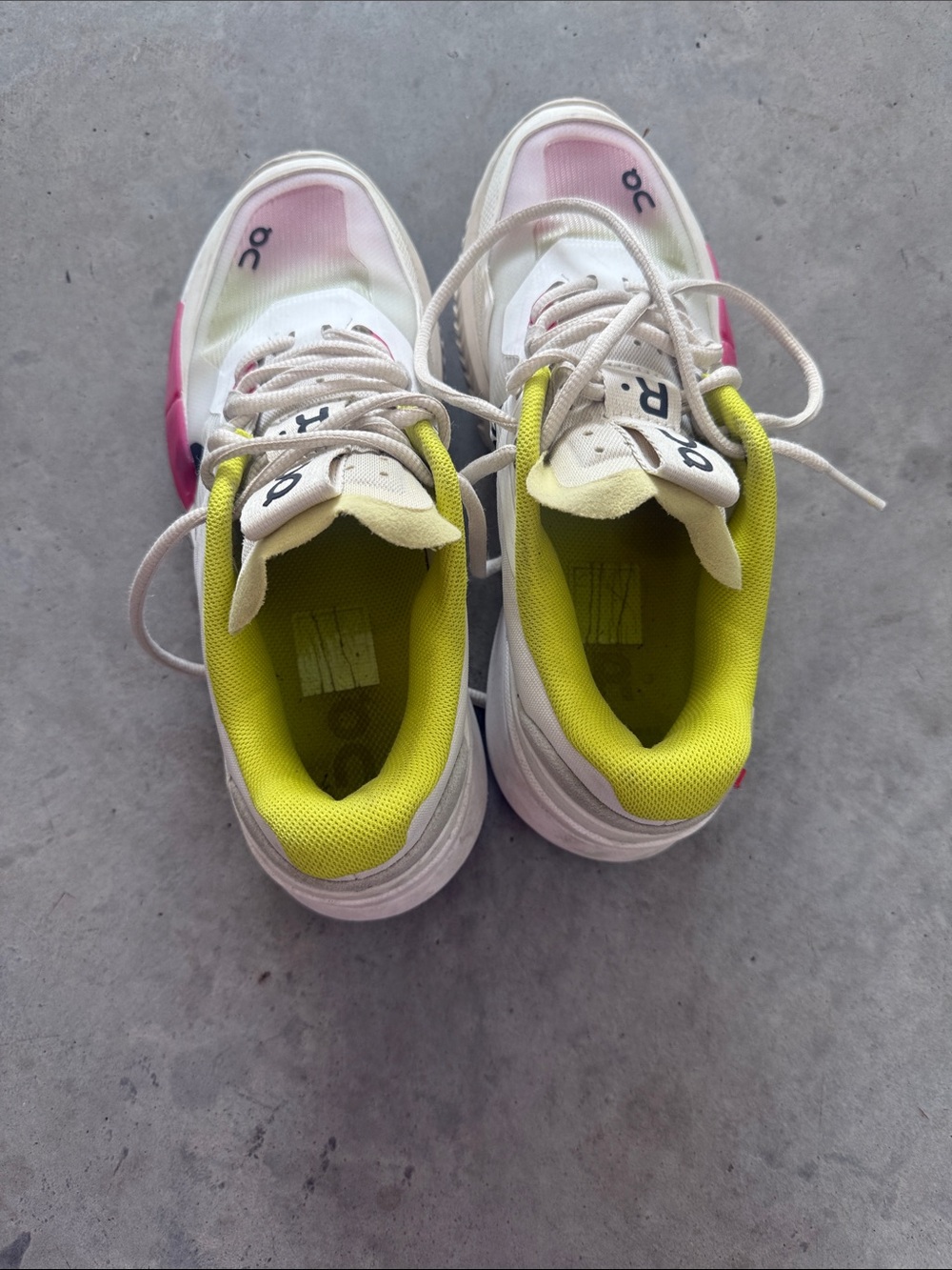 On Running Women's White Athletic Sneakers with Pink and Neon Yellow Accents - Picture 2 of 7